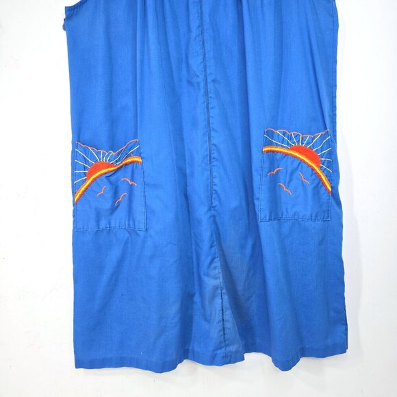 1970s Vintage Blue Front Zip Sun Bird Embroidered Pockets Duster Housedress USA - Picture 3 of 6